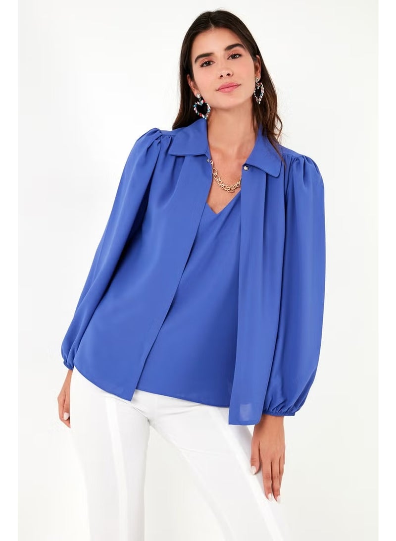 Lela Regular Fit V-Neck Balloon Sleeve Blouse Women's Blouse 611BZ0353 - Image 5